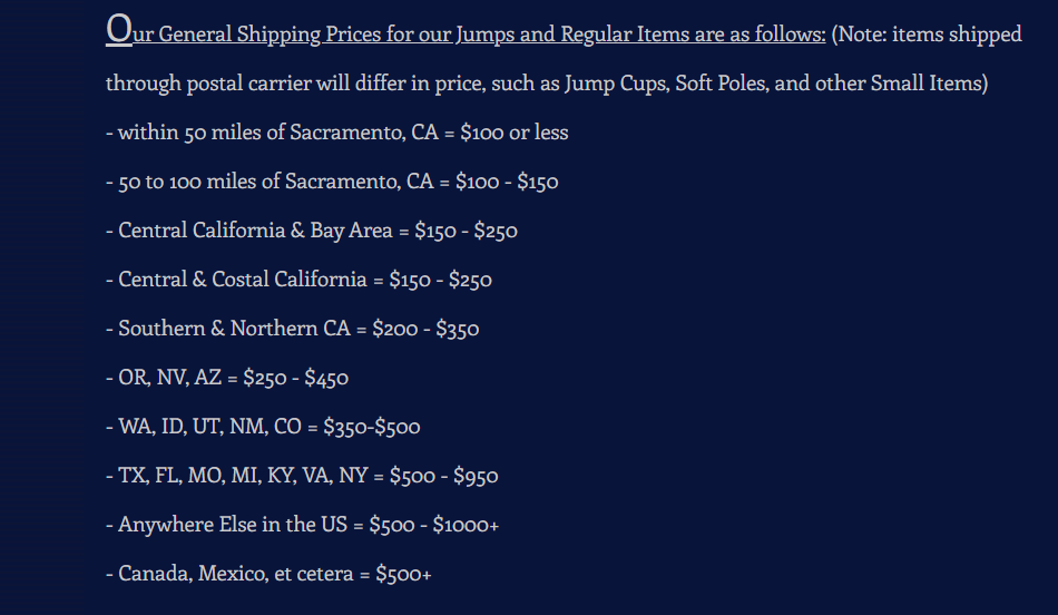 trying to determine cost of shipping for horse jumps