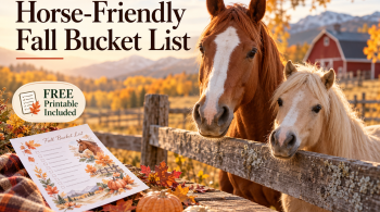two horses standing behind a fence with a mention of a free printable fall bucket list for horse owners