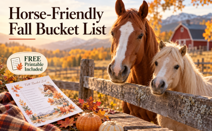 two horses standing behind a fence with a mention of a free printable fall bucket list for horse owners