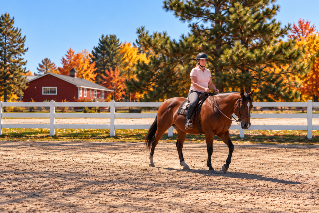 riding in an arena in the fall with your horse can be fun